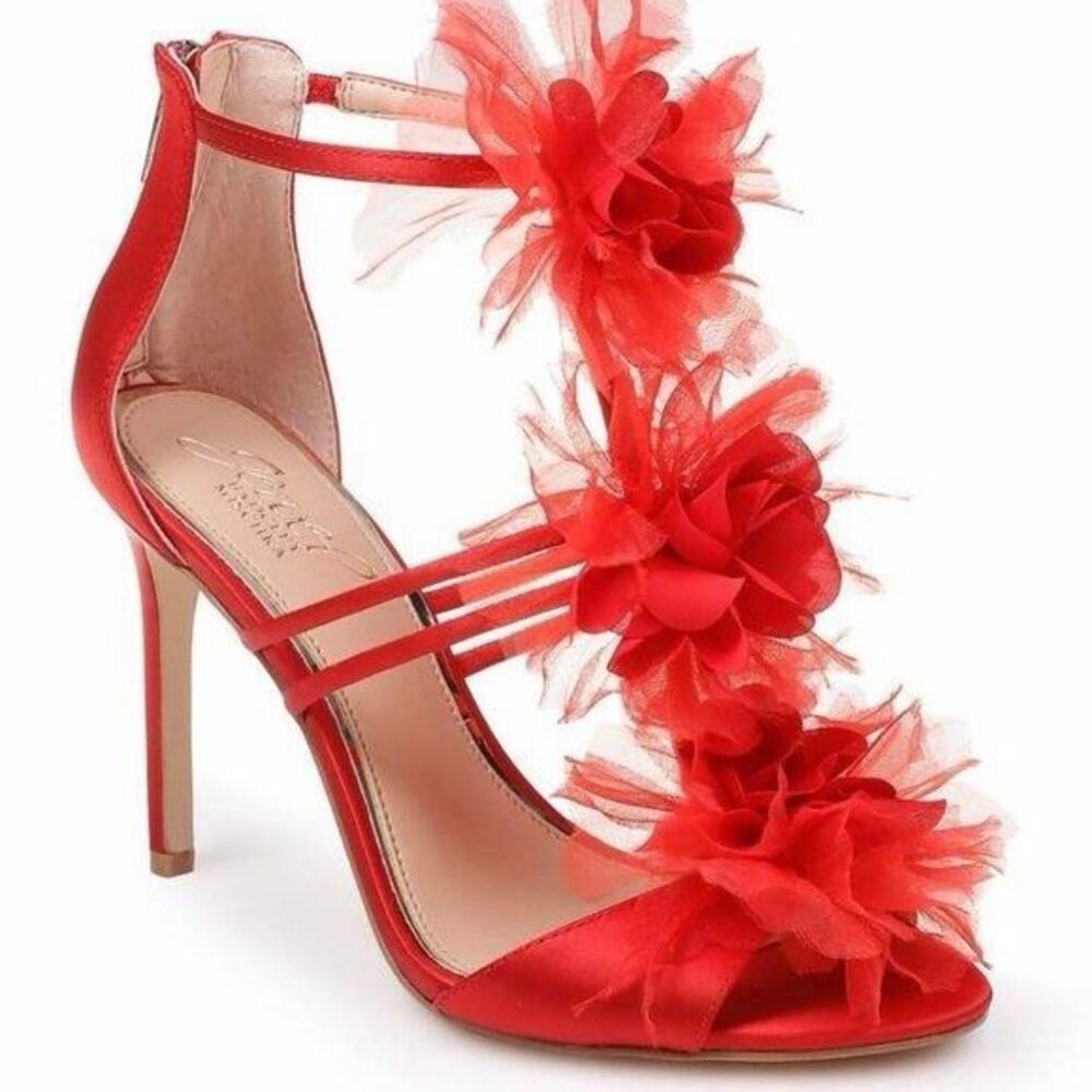 Jewel Badgley Mischka Dustine Red Floral Satin Heels Size 8 Rare